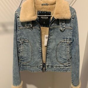 Hollister Crop Faux Fur-Lined Denim Biker Jacket